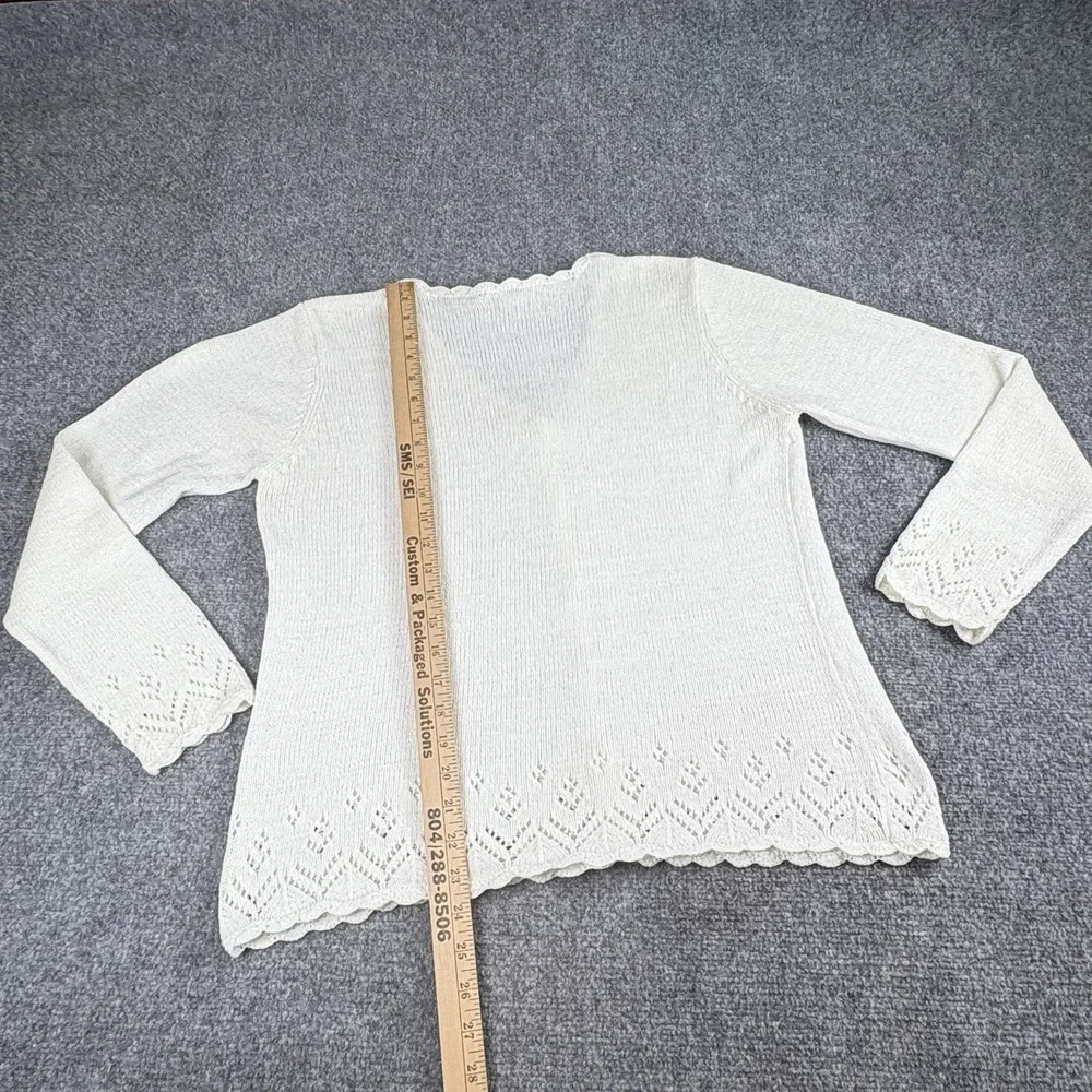 Vintage 90s Coldwater Creek Cardigan Sweater Woman L Ivory Openwork Knit Cottage